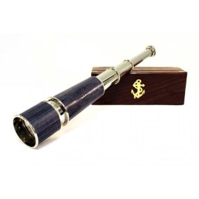 Binoclu cu mâner din piele cromată în cutie din lemn VVL