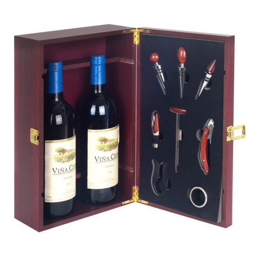 Cutie de vin din lemn pentru 2 sticle cu set somelier VVL